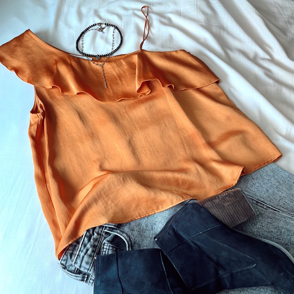 mango, burnt orange, silk, rufflel top perfect for the fall…worn once